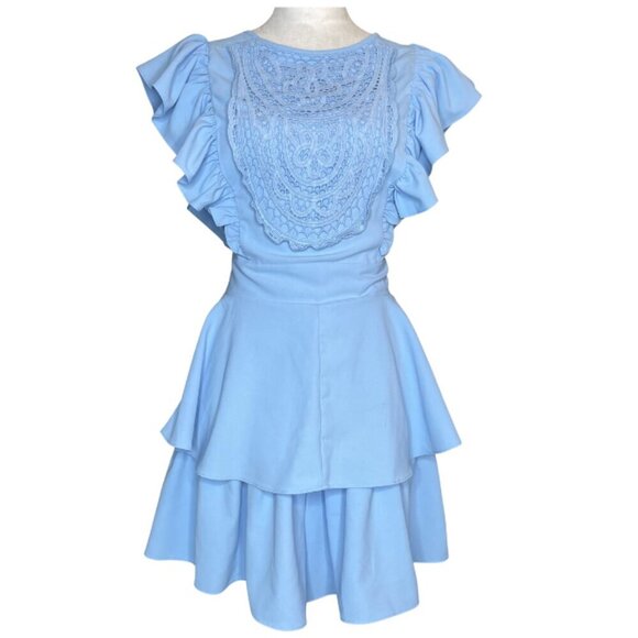 No Brand Pants - Women's Baby Blue Lace Bust Ruffled Sleeve Layered Hem Romper Waist Tie XXL